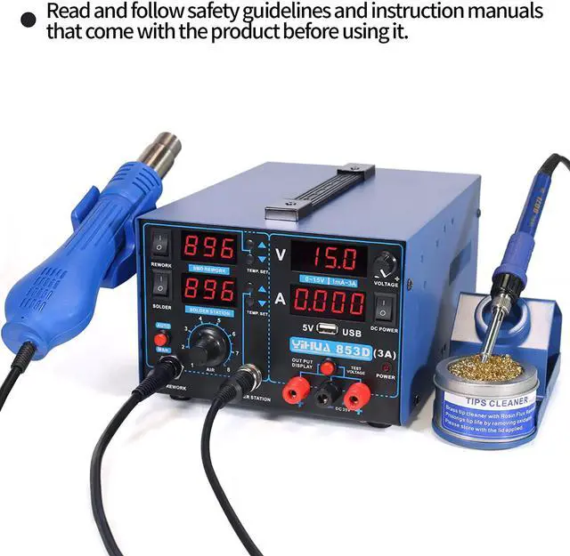 Alt view image 2 of 7 - USB 3A-Three Tools- Soldering Station, Hot Air Rework Station and Power Supply 0~3A, 0-15V with output and test modes. Also ºC/°F display, Digital Cal, Sleep Function