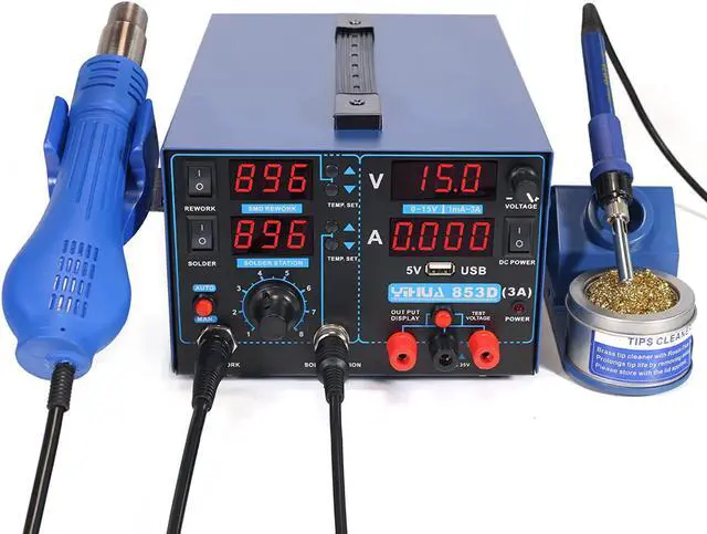 Alt view image 3 of 7 - USB 3A-Three Tools- Soldering Station, Hot Air Rework Station and Power Supply 0~3A, 0-15V with output and test modes. Also ºC/°F display, Digital Cal, Sleep Function