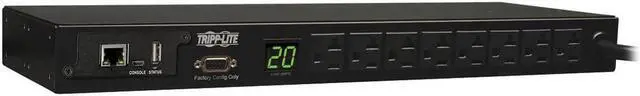 Main image of Tripp Lite 1.9kW Single-Phase Monitored PDU, 120V Outlets (8 5-15/20R), L5-20P/5-20P Adapter, 12 ft. Cord, 1U Rack-Mount, LX Platform Interface, TAA
