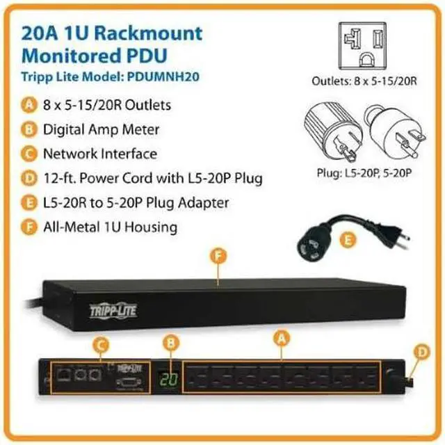 Alt view image 2 of 2 - Tripp Lite 1.9kW Single-Phase Monitored PDU, 120V Outlets (8 5-15/20R), L5-20P/5-20P Adapter, 12 ft. Cord, 1U Rack-Mount, LX Platform Interface, TAA