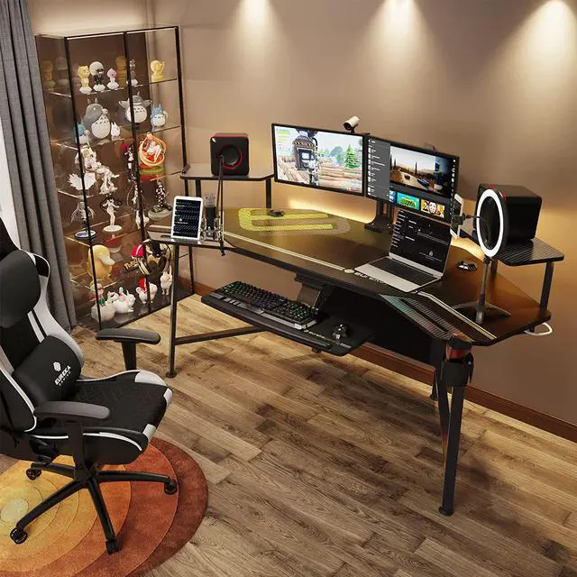 Alt view image 3 of 7 - Gaming Desk with Keyboard Tray, 72" Computer Desk with Monitor Stand, Large PC Workstation with Led Lights for Home Office, Game, Live, Stream, TikTok