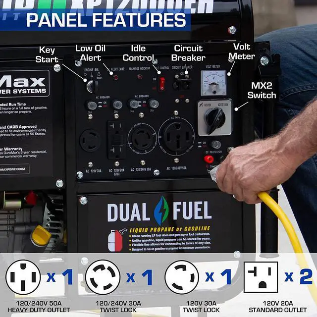 Alt view image 5 of 7 - DuroMax XP12000EH Generator-12000 Watt Gas or Propane Powered Home Back Up & RV Ready, 50 State Approved Dual Fuel Electric Start Portable Generator, Black and Blue