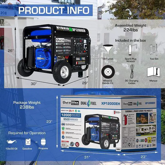 Alt view image 7 of 7 - DuroMax XP12000EH Generator-12000 Watt Gas or Propane Powered Home Back Up & RV Ready, 50 State Approved Dual Fuel Electric Start Portable Generator, Black and Blue