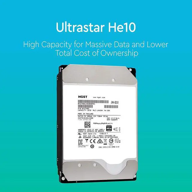 Alt view image 3 of 3 - HGST Ultrastar He10 10TB 7200 RPM 4Kn SAS 12Gb/s 256MB Cache 3.5-Inch ISE Enterprise Hard Drive