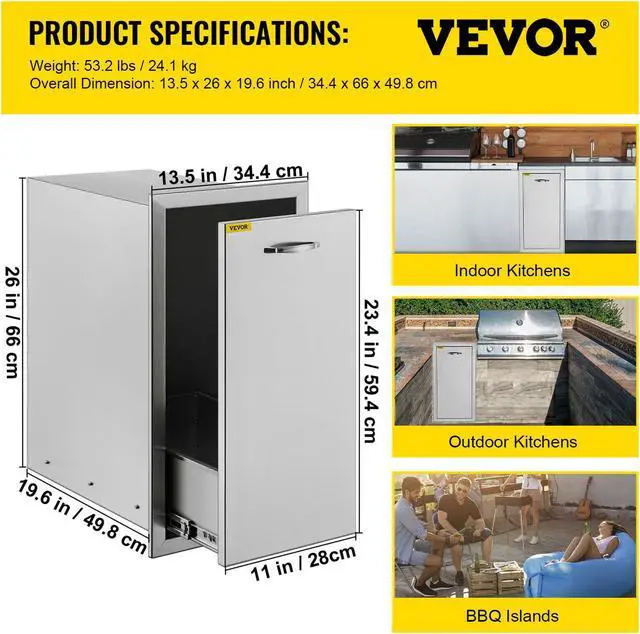 Alt view image 7 of 7 - Drawer Outdoor Kitchen BBQ Island Narrow Trash Bin Stainless Steel 26" X 13.5"
