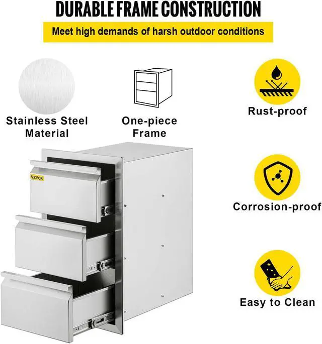 Alt view image 3 of 7 - Outdoor Kitchen Drawer Stainless Steel 14.7X25.4 Triple Access Drawer BBQ Island