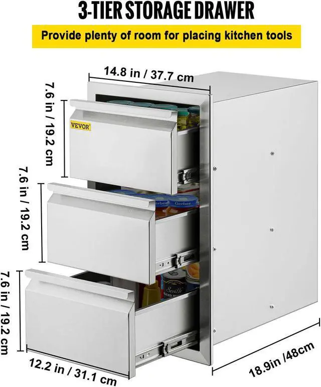 Alt view image 4 of 7 - Outdoor Kitchen Drawer Stainless Steel 14.7X25.4 Triple Access Drawer BBQ Island