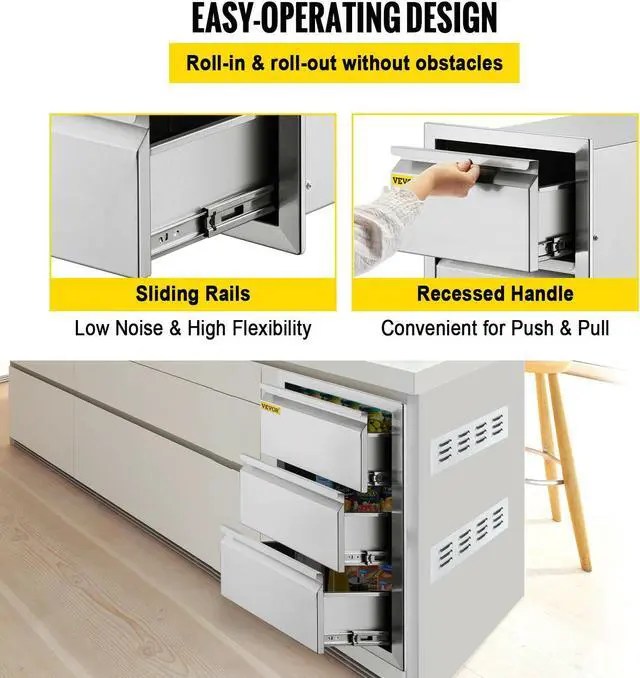 Alt view image 5 of 7 - Outdoor Kitchen Drawer Stainless Steel 14.7X25.4 Triple Access Drawer BBQ Island