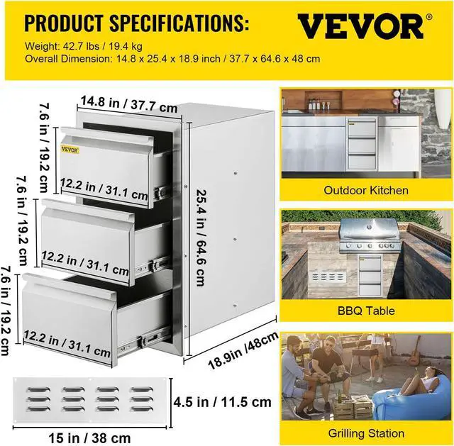 Alt view image 7 of 7 - Outdoor Kitchen Drawer Stainless Steel 14.7X25.4 Triple Access Drawer BBQ Island