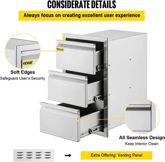 Alt view image 6 of 7 - Outdoor Kitchen Drawer Stainless Steel 14.7X25.4 Triple Access Drawer BBQ Island