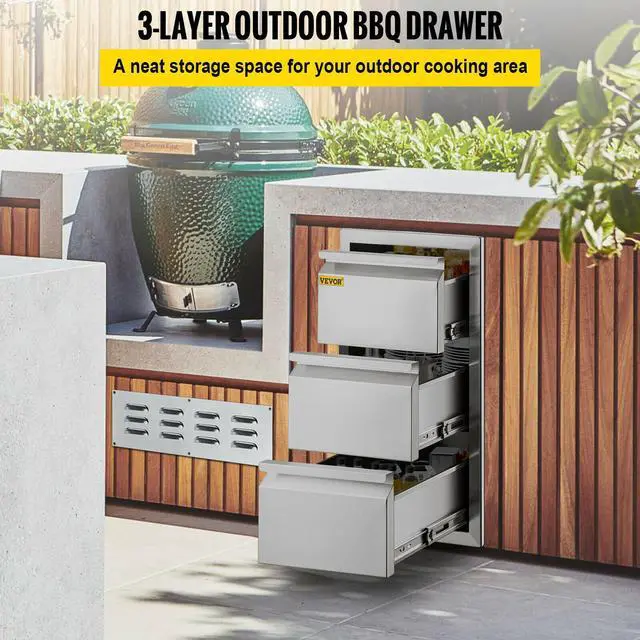 Alt view image 2 of 7 - Outdoor Kitchen Drawer Stainless Steel 14.7X25.4 Triple Access Drawer BBQ Island