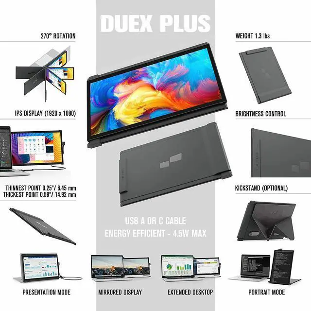 Alt view image 2 of 7 - DUEX Plus 13.3" Full HD Portable Laptop Secondary Screen Monitor - Gray