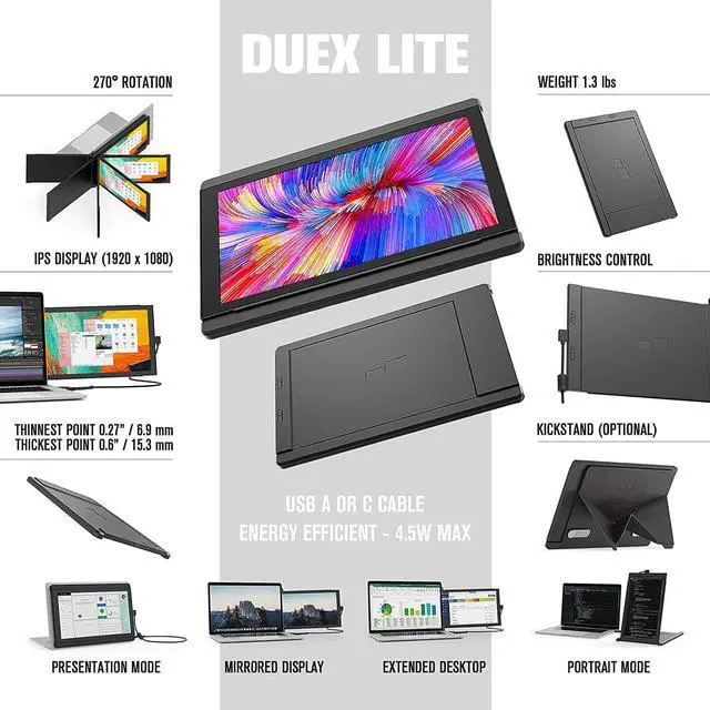 Alt view image 3 of 7 - DUEX Lite 12.5" Full HD Portable Laptop Secondary Screen Monitor - Gray