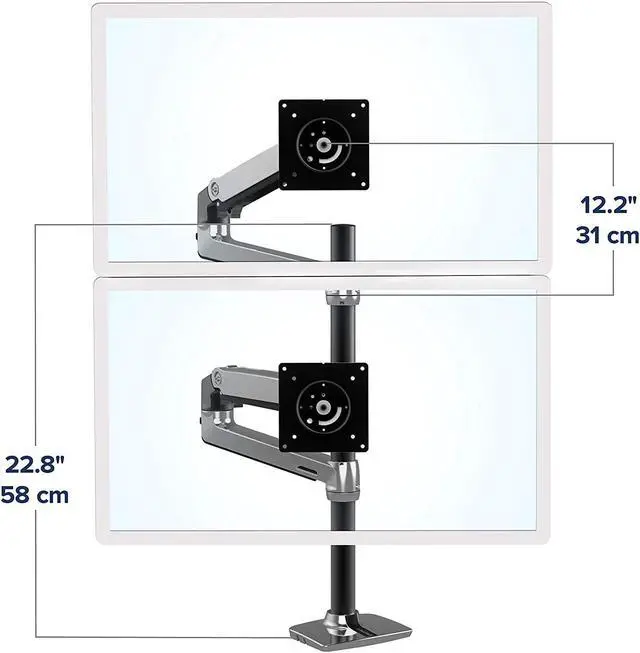 Alt view image 3 of 7 - Ergotron  LX Vertical Stacking Dual Monitor Arm, VESA Desk Mount  for 2 Monitors Up to 40 Inches, 7 to 22 lbs Each  Tall Pole, Polished Aluminum