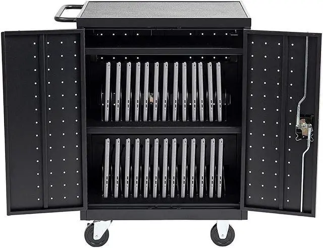 Main image of 32 Device Mobile Charging and Storage Cart for iPads, Chromebooks and Laptop Computers, Up to 13-inch Screen Size, Surge Protection, Front & Back Access Locking Cabinet