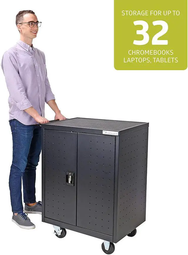 Alt view image 3 of 7 - 32 Device Mobile Charging and Storage Cart for iPads, Chromebooks and Laptop Computers, Up to 13-inch Screen Size, Surge Protection, Front & Back Access Locking Cabinet