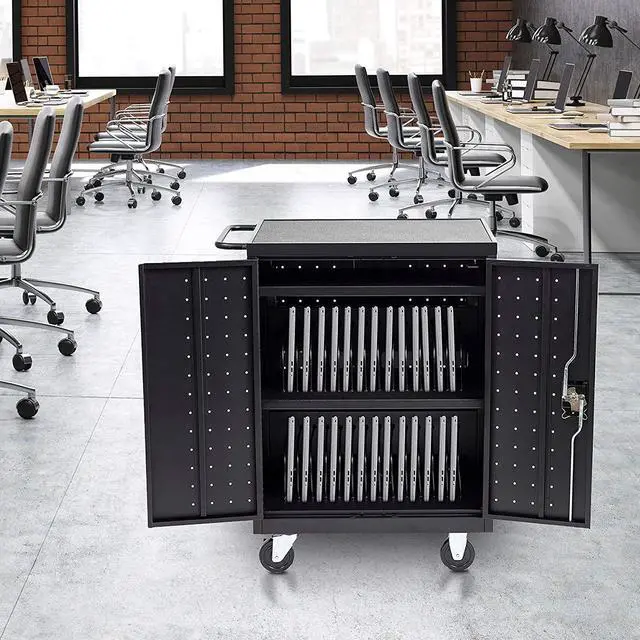 Alt view image 7 of 7 - 32 Device Mobile Charging and Storage Cart for iPads, Chromebooks and Laptop Computers, Up to 13-inch Screen Size, Surge Protection, Front & Back Access Locking Cabinet