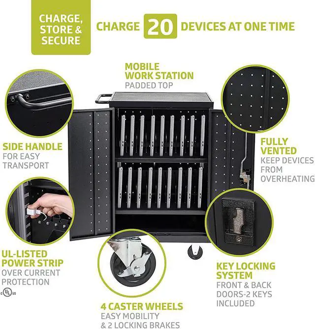 Alt view image 4 of 7 - 20 Device Mobile Charging and Storage Cart for iPads, Chromebooks and Laptop Computers, Up To 17-Inch Screen Size, Surge Protection, Front & Back Access Locking Cabinet, Black
