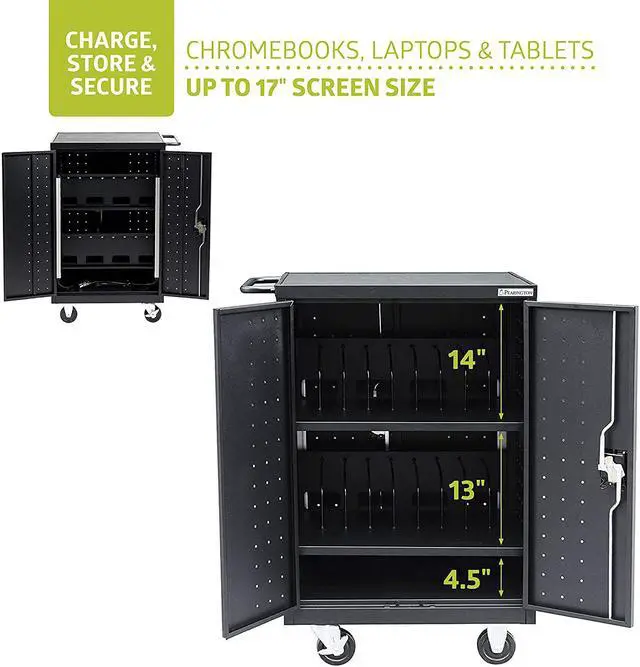 Alt view image 5 of 7 - 20 Device Mobile Charging and Storage Cart for iPads, Chromebooks and Laptop Computers, Up To 17-Inch Screen Size, Surge Protection, Front & Back Access Locking Cabinet, Black
