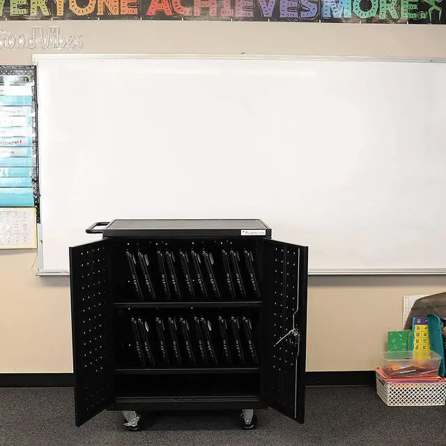 Alt view image 2 of 7 - 20 Device Mobile Charging and Storage Cart for iPads, Chromebooks and Laptop Computers, Up To 17-Inch Screen Size, Surge Protection, Front & Back Access Locking Cabinet, Black