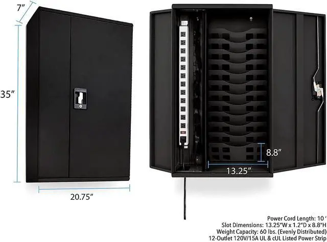 Alt view image 4 of 6 - Fully Assembled Line Leader Wall Mount Charging Station | Locking Security Cabinet Charges 12 Devices | Compatible with Tablets & Chromebooks | Charging Cart for School, Office, Healthcare & More