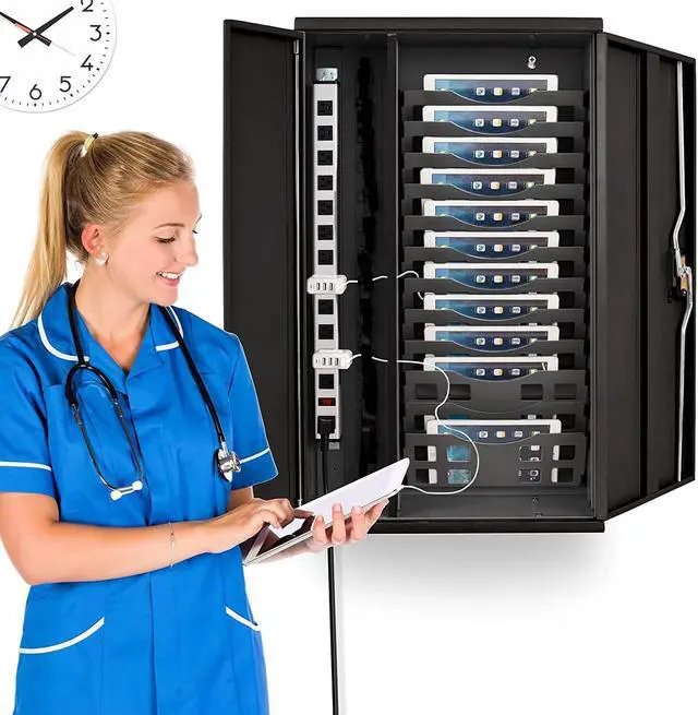 Alt view image 6 of 6 - Fully Assembled Line Leader Wall Mount Charging Station | Locking Security Cabinet Charges 12 Devices | Compatible with Tablets & Chromebooks | Charging Cart for School, Office, Healthcare & More