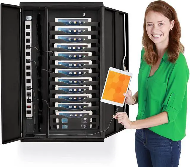 Main image of Fully Assembled Line Leader Wall Mount Charging Station | Locking Security Cabinet Charges 12 Devices | Compatible with Tablets & Chromebooks | Charging Cart for School, Office, Healthcare & More