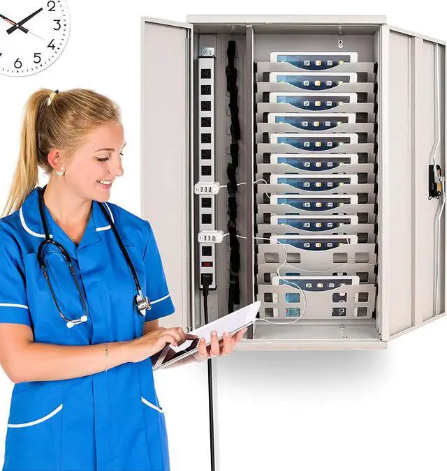 Alt view image 3 of 5 - Fully assembled Line Leader Wall Mounted Charging Station | Locking Security Cabinet Charges 12 Devices | Compatible w/Tablets & Chromebooks | Perfect for Schools, Offices, Healthcare Facilities More