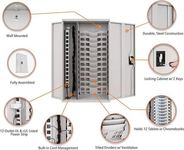 Alt view image 2 of 5 - Fully assembled Line Leader Wall Mounted Charging Station | Locking Security Cabinet Charges 12 Devices | Compatible w/Tablets & Chromebooks | Perfect for Schools, Offices, Healthcare Facilities More