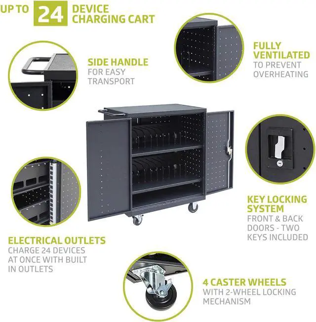 Alt view image 3 of 7 - 24 Device Mobile Charging and Storage Cart for iPads, Chromebooks and Laptop Computers, Up to 15-Inch Screen Size, Surge Protection, Front & Back Access Locking Cabinet