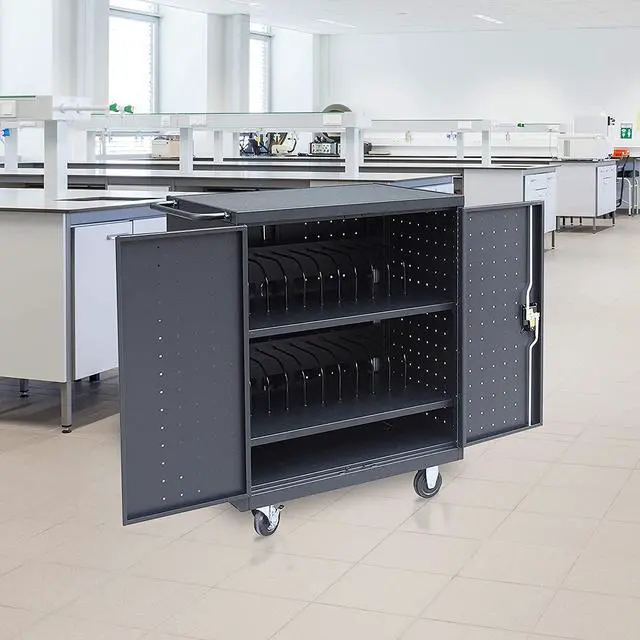 Alt view image 4 of 7 - 24 Device Mobile Charging and Storage Cart for iPads, Chromebooks and Laptop Computers, Up to 15-Inch Screen Size, Surge Protection, Front & Back Access Locking Cabinet