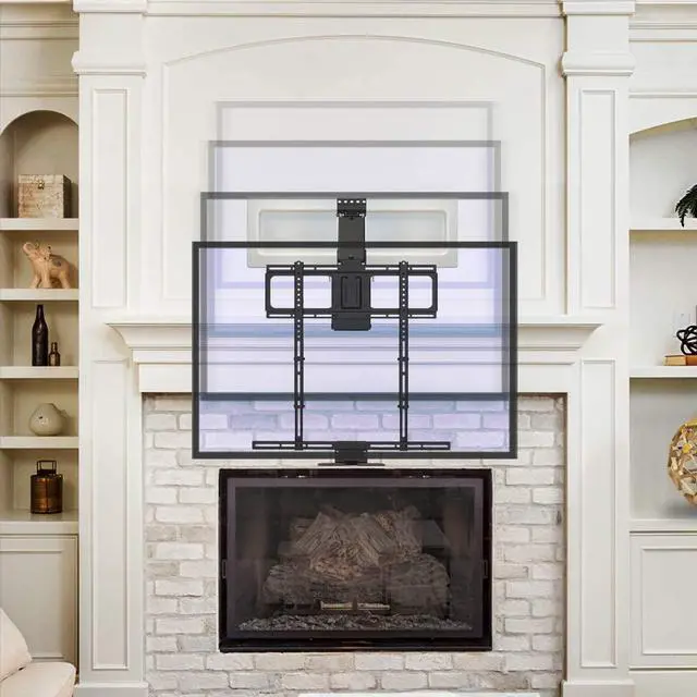 Alt view image 2 of 7 - Above Fireplace Pull Down TV Mount for 40" to 80" Screen TVs to 90 lbs, with Patented auto-straightening, Adjustable Stops, Heat Sensor Handles & Paintable Covers