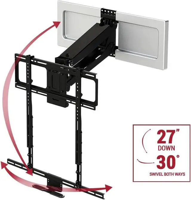 Alt view image 4 of 7 - Above Fireplace Pull Down TV Mount for 40" to 80" Screen TVs to 90 lbs, with Patented auto-straightening, Adjustable Stops, Heat Sensor Handles & Paintable Covers