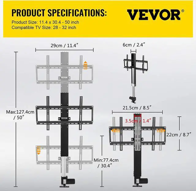 Alt view image 6 of 7 - VEVOR Motorized TV Lift Stroke Length 20 Inches Motorized TV Mount Fit for 28-32 Inch TV Lift with Remote Control Height Adjustable 30-50 Inch,Load Capacity 132 Lbs
