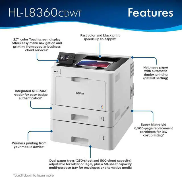 Alt view image 2 of 5 - Brother Business Color Laser Printer, HL-L8360CDWT, Wireless Networking, Automatic Duplex Printing, Mobile Printing, Cloud Printing