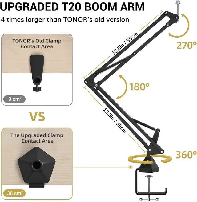 Alt view image 5 of 6 - XLR Condenser Microphone, TONOR Professional Cardioid Studio Mic Kit with T20 Boom Arm, Shock Mount, Pop Filter for Recording, Podcasting, Voice Over, Streaming, Home Studio, YouTube