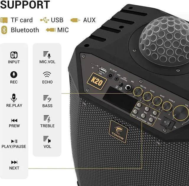 Alt view image 6 of 7 - Wireless Karaoke Machine, TONOR PA System Portable Singing Speaker with Dual Wireless Microphones, Disco Ball for Home Karaoke, Party, Class and Church