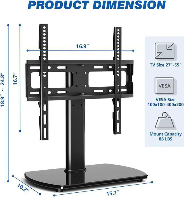 Alt view image 5 of 6 - Universal Swivel TV Stand Base Table Top TV Stand Replacement for 27 32 37 39 40 43 49 50 55 Inch LCD LED Plasma Flat Screens up to 88 lbs, Height Adjustable Pedestal TV Mount with Tempered Glass Base