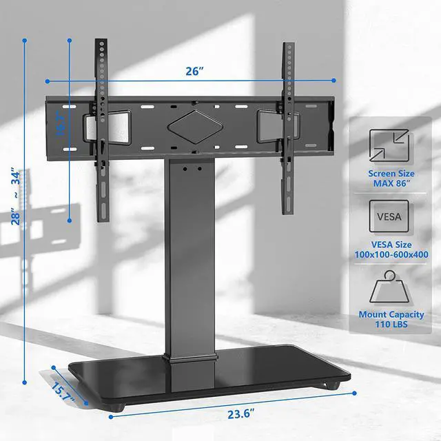 Alt view image 4 of 7 - Universal Swivel TV Stand Table Top TV Stand Base for 40 to 86 Inch Flat Screen TVs, Height Adjustable Mount, Center TV Stand Replacement with Tempered Glass Base