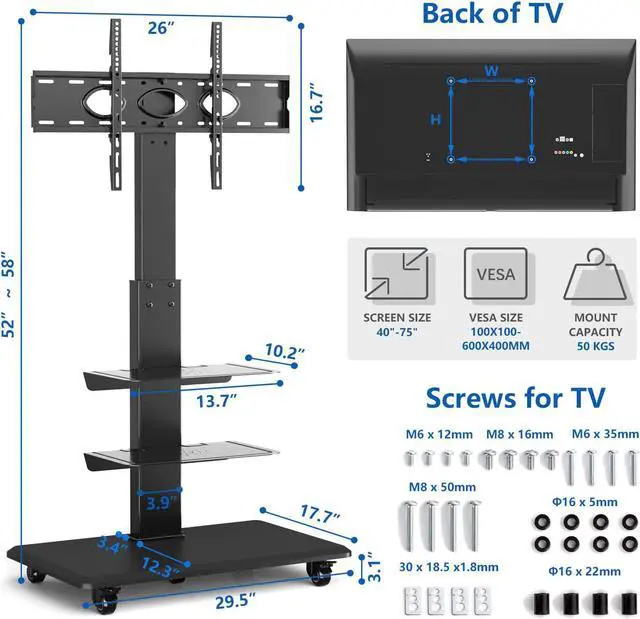 Alt view image 3 of 7 - Rolling Floor TV Stand with Swivel Mount for 40-75 Inch Flat Screen/Curved TVs, 3-Shelf Heavy Duty Portable Mobile TV Cart with Wheels, Black Universal Tall TV Mount Trolley for Home and Office