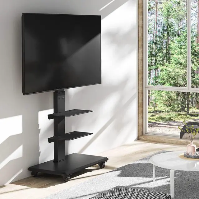 Alt view image 2 of 7 - Rolling Floor TV Stand with Swivel Mount for 40-75 Inch Flat Screen/Curved TVs, 3-Shelf Heavy Duty Portable Mobile TV Cart with Wheels, Black Universal Tall TV Mount Trolley for Home and Office