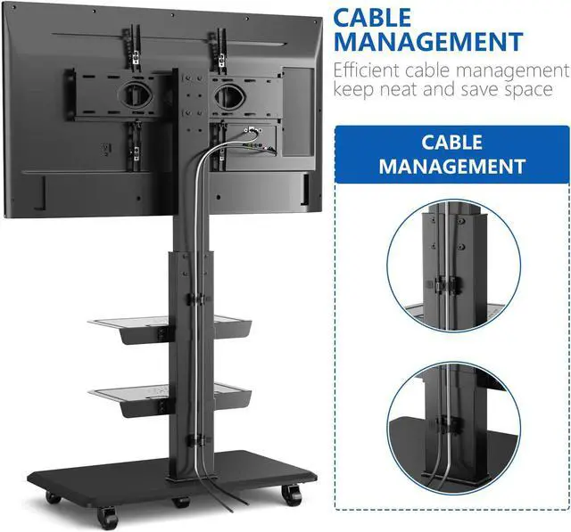 Alt view image 7 of 7 - Rolling Floor TV Stand with Swivel Mount for 40-75 Inch Flat Screen/Curved TVs, 3-Shelf Heavy Duty Portable Mobile TV Cart with Wheels, Black Universal Tall TV Mount Trolley for Home and Office
