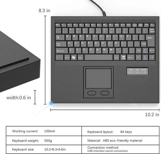 Alt view image 2 of 7 - Waterproof Industrial Keyboard with Touchpad Wired Compact Portable, Black