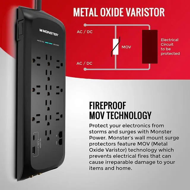 Alt view image 3 of 7 - Monster Power Strip Surge Protector with USB Ports - Heavy Duty Protection for 12 Plug-ins and 2 USB Gadgets - for Computers, Home Theatre, Home and Office Appliance, 12-Outlet with USB-C, USB-A
