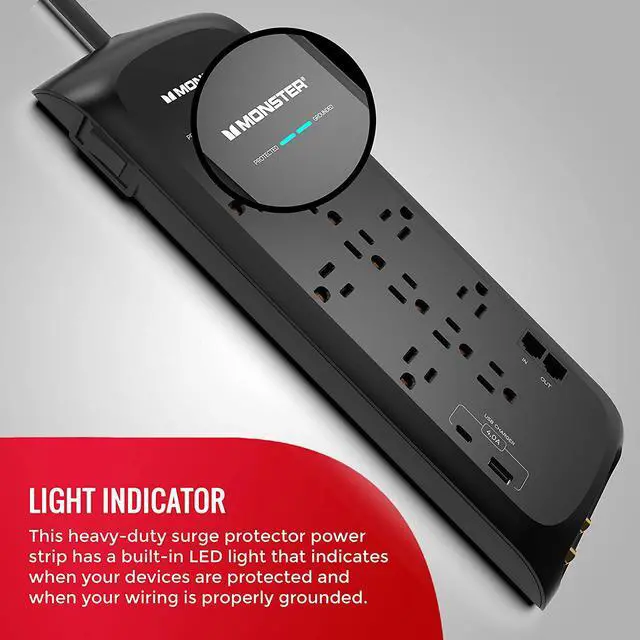 Alt view image 5 of 7 - Monster Power Strip Surge Protector with USB Ports - Heavy Duty Protection for 12 Plug-ins and 2 USB Gadgets - for Computers, Home Theatre, Home and Office Appliance, 12-Outlet with USB-C, USB-A