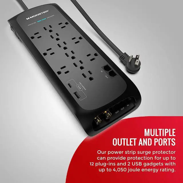 Alt view image 2 of 7 - Monster Power Strip Surge Protector with USB Ports - Heavy Duty Protection for 12 Plug-ins and 2 USB Gadgets - for Computers, Home Theatre, Home and Office Appliance, 12-Outlet with USB-C, USB-A