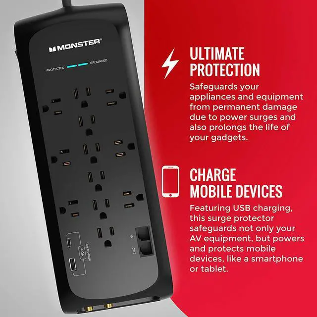 Alt view image 4 of 7 - Monster Power Strip Surge Protector with USB Ports - Heavy Duty Protection for 12 Plug-ins and 2 USB Gadgets - for Computers, Home Theatre, Home and Office Appliance, 12-Outlet with USB-C, USB-A