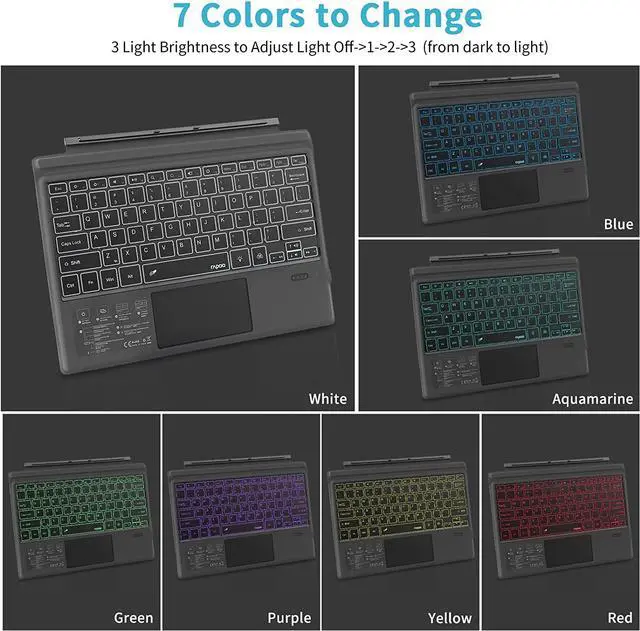 Alt view image 3 of 7 - Bluetooth Surface Pro Keyboard, 7 Colors Backlits for Surface Pro 7/7+/6/5 (Pro 2017)/4/Surface Pro 3 2014 12.3 inch Tablet with Trackpad - Detachable Wireless Keyboard Type Cover