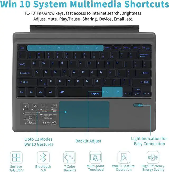 Alt view image 2 of 7 - Bluetooth Surface Pro Keyboard, 7 Colors Backlits for Surface Pro 7/7+/6/5 (Pro 2017)/4/Surface Pro 3 2014 12.3 inch Tablet with Trackpad - Detachable Wireless Keyboard Type Cover