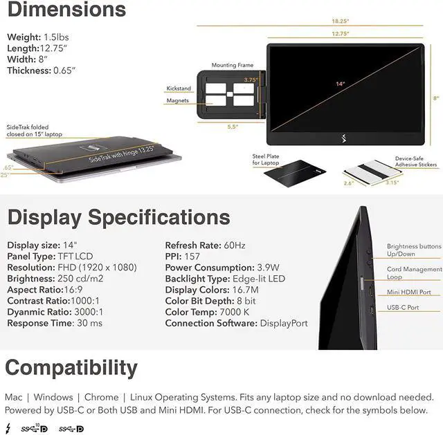 Alt view image 6 of 6 - Swivel 14 Attachable Portable Monitor for Laptop FHD IPS USB Laptop Dual Screen with Kickstand | Compatible with Mac, PC, & Chrome | Fits All Laptop Sizes | Powered by USB-C or Mini HDMI